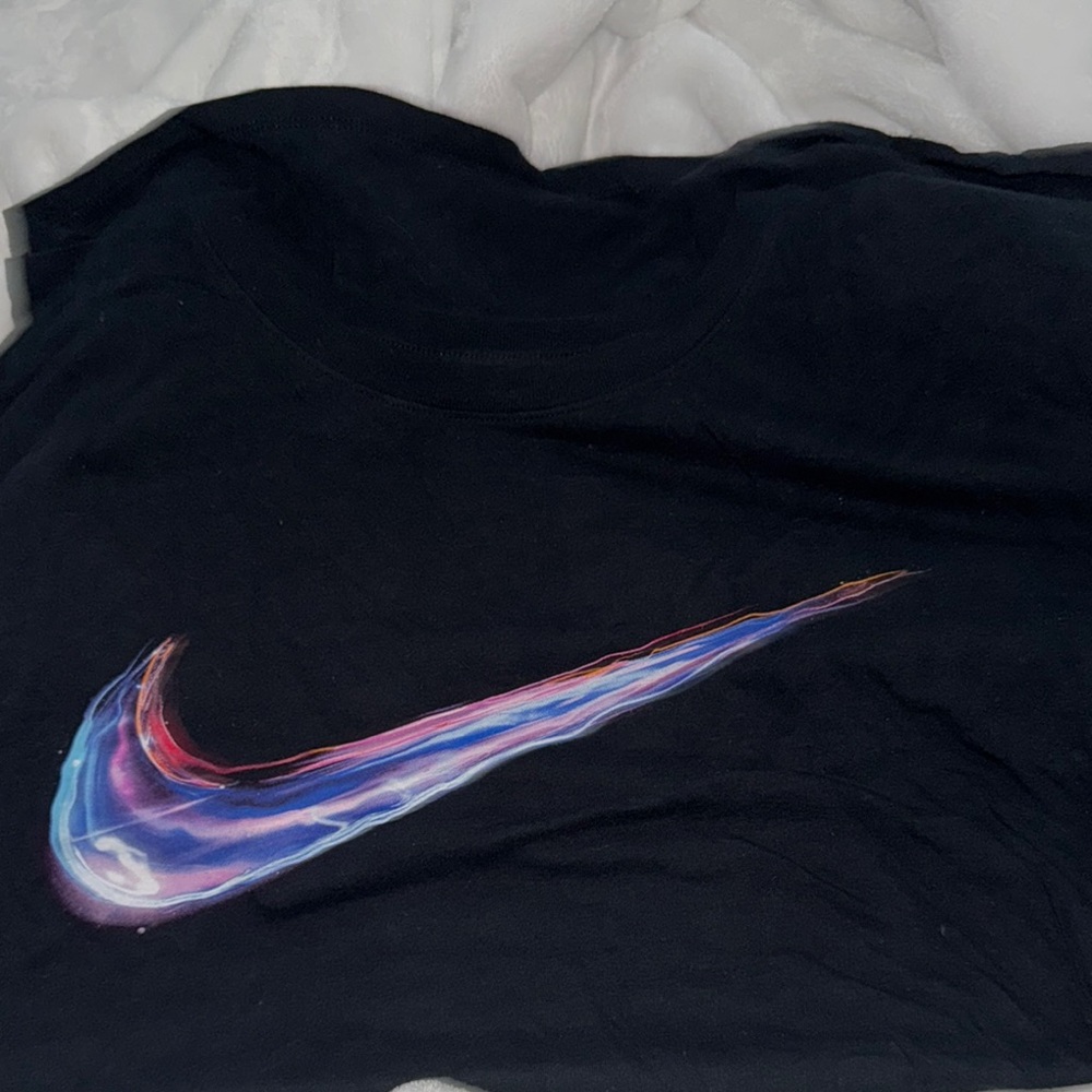 Nike Black Tee with Multicolor Swoosh. Size L